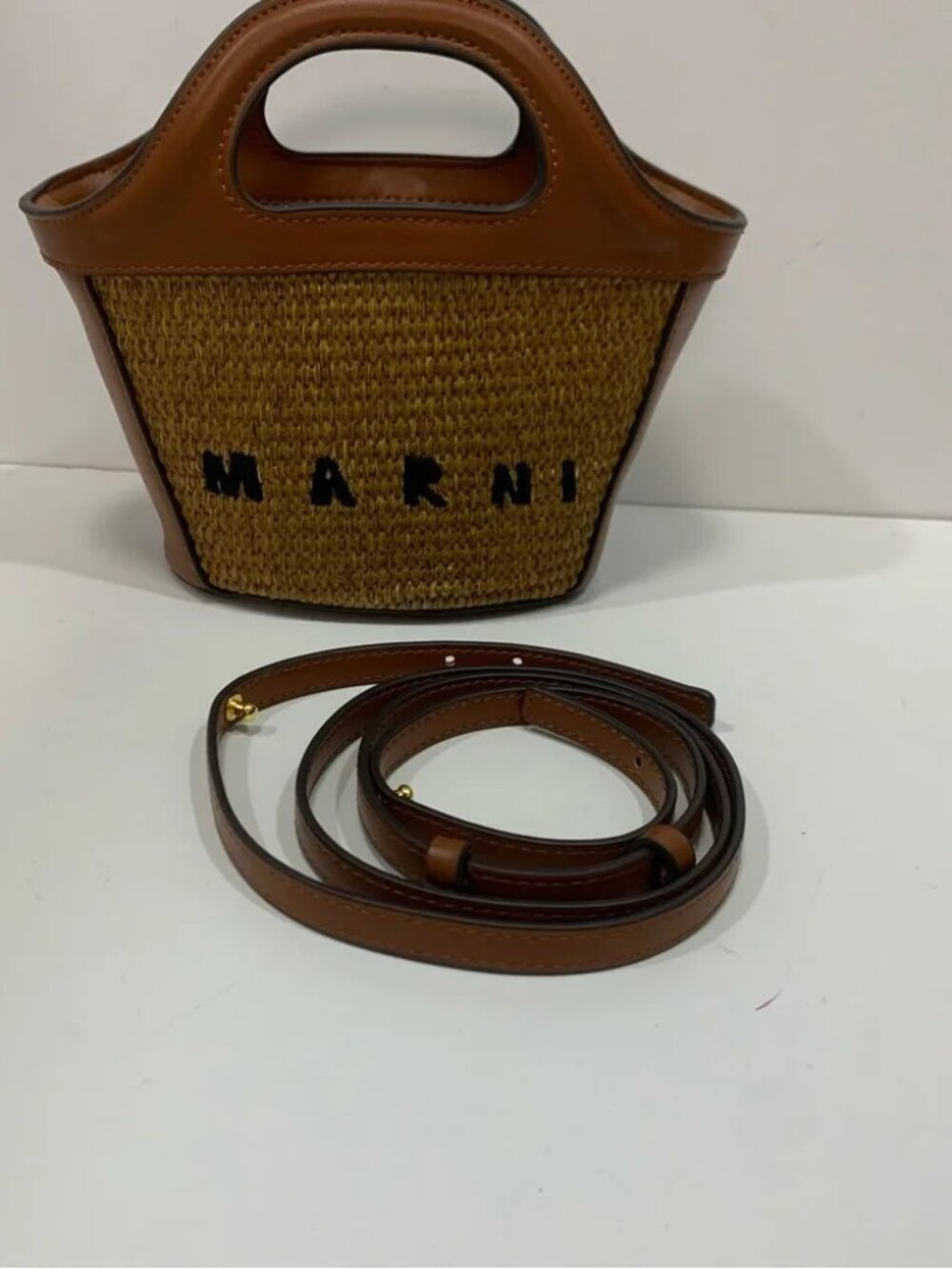 MARNI Brown Raffia Woven Bucket Bag With Detachable Strap